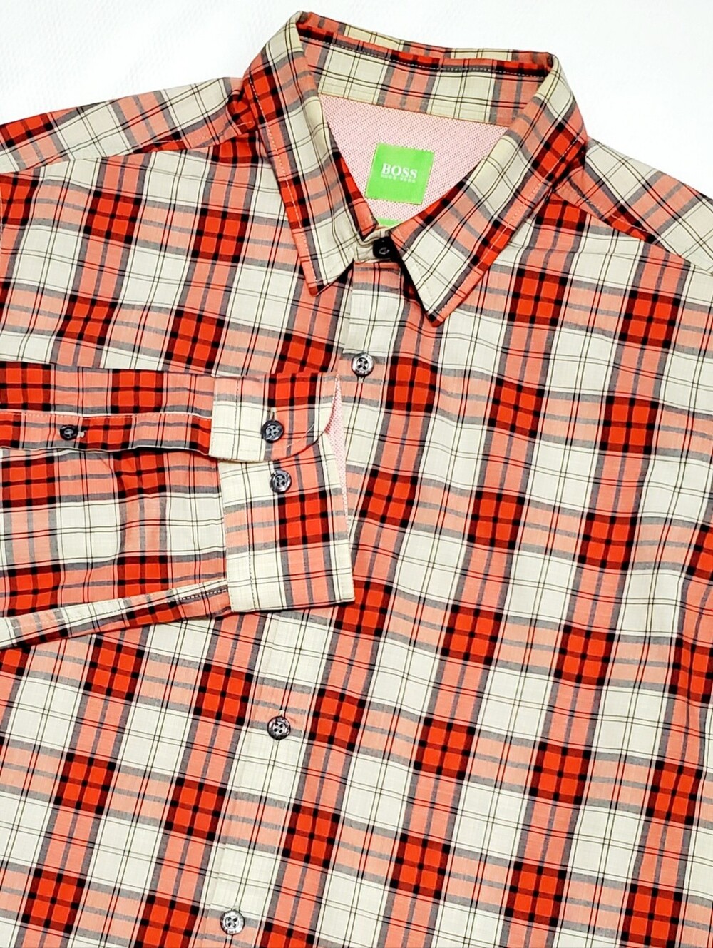 Boss Hugo Boss Mens Long Sleeve Cream Orange Plaid Button Down Shirt Medium
